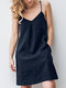 Solid Pocket Spaghetti Strap Backless Dress For Women - Navy