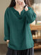 Solid Long Sleeve Notch Neck Blouse For Women - Dark Green