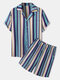 Mens Colorful Striped Revere Collar Holiday Two Pieces Outfits - Blue