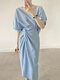 Solid Half Sleeve Twisted Calf Length Shirt & Skirt Suit - Blue
