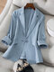 Solid Pocket 3/4 Sleeve Lapel Blazer For Women - Blue