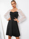 Contrast Color Square Collar Mesh Stitch Long Sleeve Dress - Black