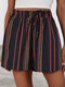 Color Contrast Stripe Drawstring Waist Cotton & Linen Shorts - Coffee