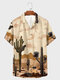 Mens Cactus Desert Landscape Print Short Sleeve Shirts - Khaki