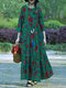 Flower Print O-neck 3/4 Sleeve Women Loose Vintage Dress - Dark Green