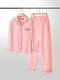 Plus Size Women Cotton Bear Pocket Applique Lapel Long Pajamas Sets With Contrast Binding - Pink