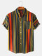 Mens Ethnic Colorful Vertical Stripe Printed Holiday Casual Short Sleeve Shirt - Green
