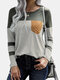 Striped Patchwork Long Sleeve O-neck Casual T-Shirt For Women - Green