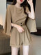 Solid Slit Sleeve High Waist Rolled Hem Two Pieces Suit - Khaki