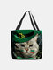 Women Clover Cat Pattern Print Happy St Patrick Day Shoulder Bag Handbag Tote - Green