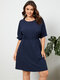 Plus Size Solid Round Neck Half Sleeves Casual Dress - Navy