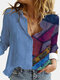 Ethnic Printed Long Sleeve Lapel Collar Patchwork Blouse For Women - Blue
