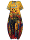 Flowers Print Short Sleeve Plus Size Midi Loose Dress for Women - Yellow