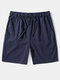 Mens Cotton Linen Solid Color Basics Mid Length Drawstring Shorts - Navy