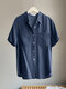 Solid Pocket Button Lapel Short Sleeve Loose Denim Shirt - Blue