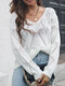 Pointelle Knit Leaves Solid V-neck Long Sleeve Loose Sweater - White