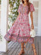 Bohemian Flower Print Drawstring Short Sleeve V-neck Dress - Pink