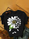 Daisy Floral Printed Short Sleeve O-neck T-shirt - Black