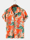 Mens Plant Leaf Printed Revere Collar Casual Short Sleeve Shirts With Pocket - Orange