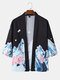 Mens Cherry Blossoms Mountain Print Open Front Loose 3/4 Sleeve Kimono - Black