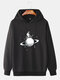 Mens Cartoon Space Astronaut Print Solid Drawstring Pullover Hoodie - Black