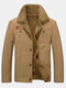 Mens Fleece Lined Thicken Warm Cotton Utility Solid Jackets - Khaki