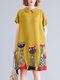 الكرتون القط طباعة قصيرة الأكمام جيب دمية طوق فستان المرأة - الأصفر