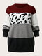 Plus Size Cow Print O-neck Patchwork Casual Sweater - Wine Red
