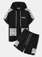 Mens Paisley Letter Print Patchwork Hooded Two Pieces Outfits - Black