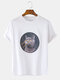 Mens Russian Blue Cat Graphic Print Casual Loose O-Neck T-Shirts - White