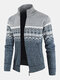 Mens Tribal Print Knitted Zipper Up Thick Rib Hem Casual Sweater Cardigan - Gray