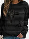 Cat Print Long Sleeve Black Striped Plus Size T-shirt - Black