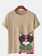 Mens Cartoon Cat Graphic Crew Neck Casual Short Sleeve T-Shirts Winter - Apricot