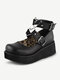 Women Preppy Heart Metal Decor Buckle Strap Casaul Comfy Wearable Mary Jane Platform Shoes - Black