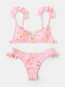 Mushroom Print Cute Bikini Set Flounce Straps Back Buckle Sweet Swimsuit For Women - Pink