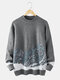 Mens Landscape Ribbed Knit Crew Neck Casual Pullover Sweaters - Gray