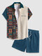 Mens Ethnic Geometric Patchwork Embroidered Corduroy Two Pieces Outfits - Blue