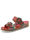 Socofy Genuine Leather Comfy Beach Vacation Bohemian Ethnic Floral Hook & Loop Outdoor Wedges Slippers - Red