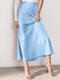 Solid Color Ruched Ankle Length High Waist Skirt - Blue