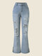 Mezclilla desgastada con doble abertura rasgada lisa Jeans - azul