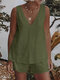 Women Solid V-Neck Sleeveless Tank Casual Cotton Co-ords - Army Green