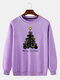 Mens Cat Christmas Tree Print Crew Neck Pullover Drop Shoulder Sweatshirts - Purple
