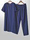 Lightweight Plain Cozy Loose Cotton Linen Loungewear Set O Neck Breathable Home Co-ords for Men - Navy