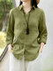 Women Solid Long Sleeve Button Front Lapel Shirt - Green