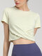 Solid Color Short Sleeve O-neck Pleated Sport Crop Top - Green