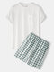 Mens Cotton Split Hem Home Short Sleeve Pajamas Sets With Plaid Shorts - White