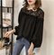 Hook flower hollow stitching lace loose long-sleeved shirt - Black