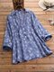 Casual Floral Printed Lapel Long Sleeve Button Pocket Blouse For Women - Blue