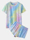 Women Tie Dye Pajamas Set Two Pieces Short Sleeve O-Neck Softies Summer Sleepwear - Blue