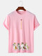 Mens Japanese Cartoon Cat Print Cotton Short Sleeve T-Shirts - Pink